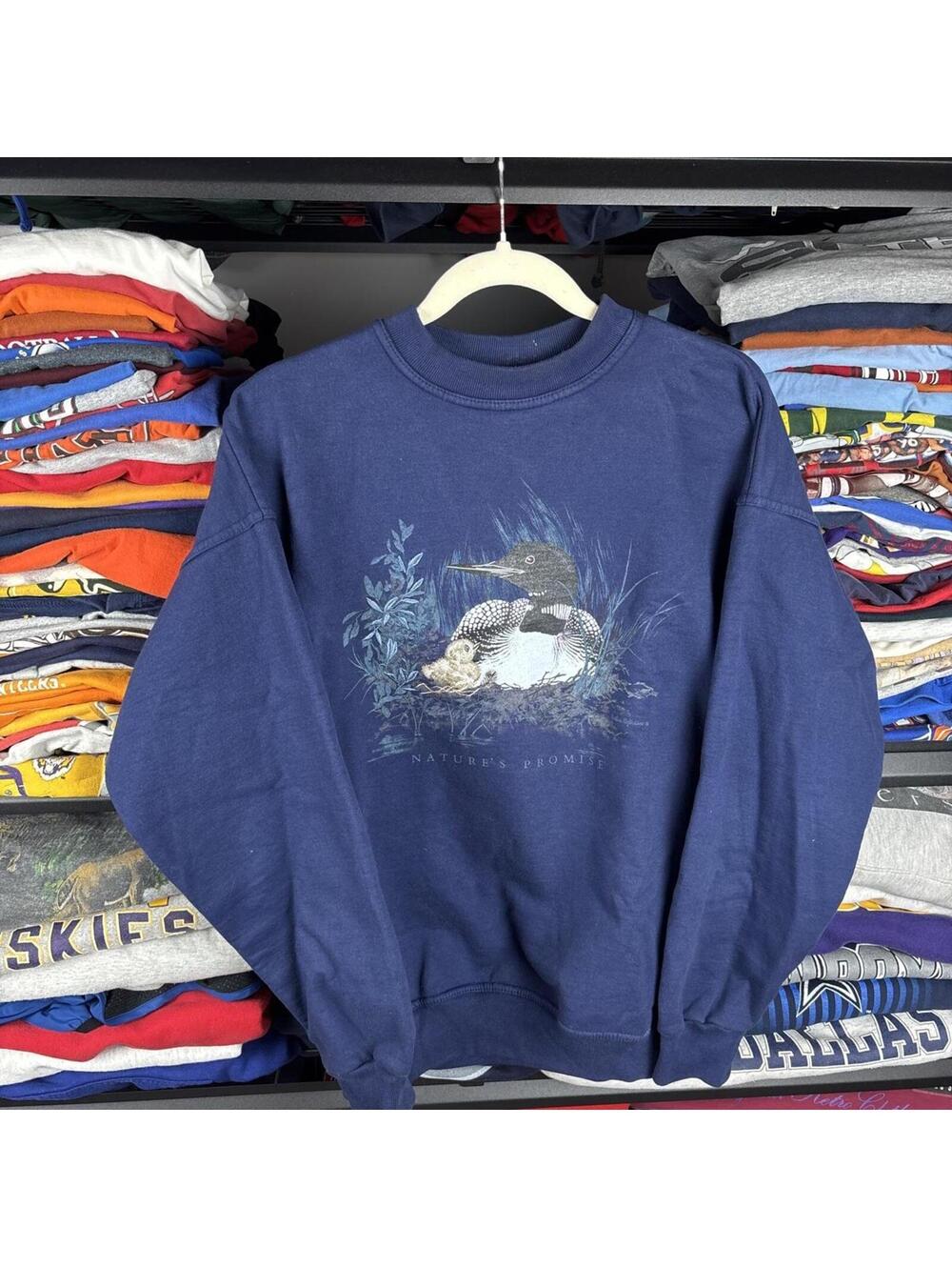 Vintage 90s Nature's Promise Loon Bird Crewneck Sweatshirt Navy Sz L